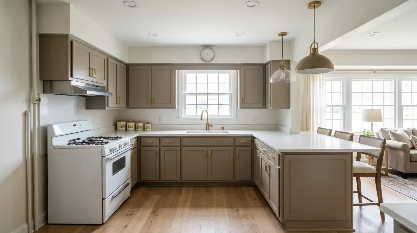 Renovated kitchen with quartz island after remodeling in Meyerland, Houston