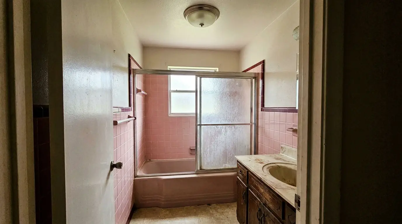 Original tub-shower hall bathroom before remodeling in Westbury, Houston