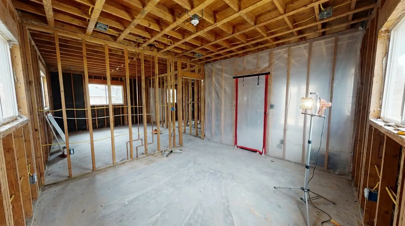 Flood-damaged living area before whole-home renovation in Braeswood, Houston