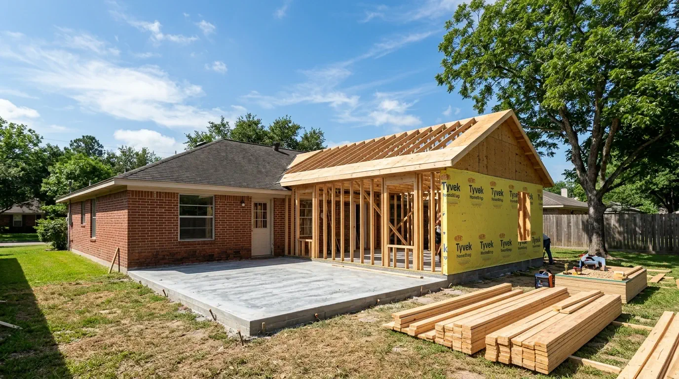 Room addition framed onto a slab foundation in Sharpstown, Houston