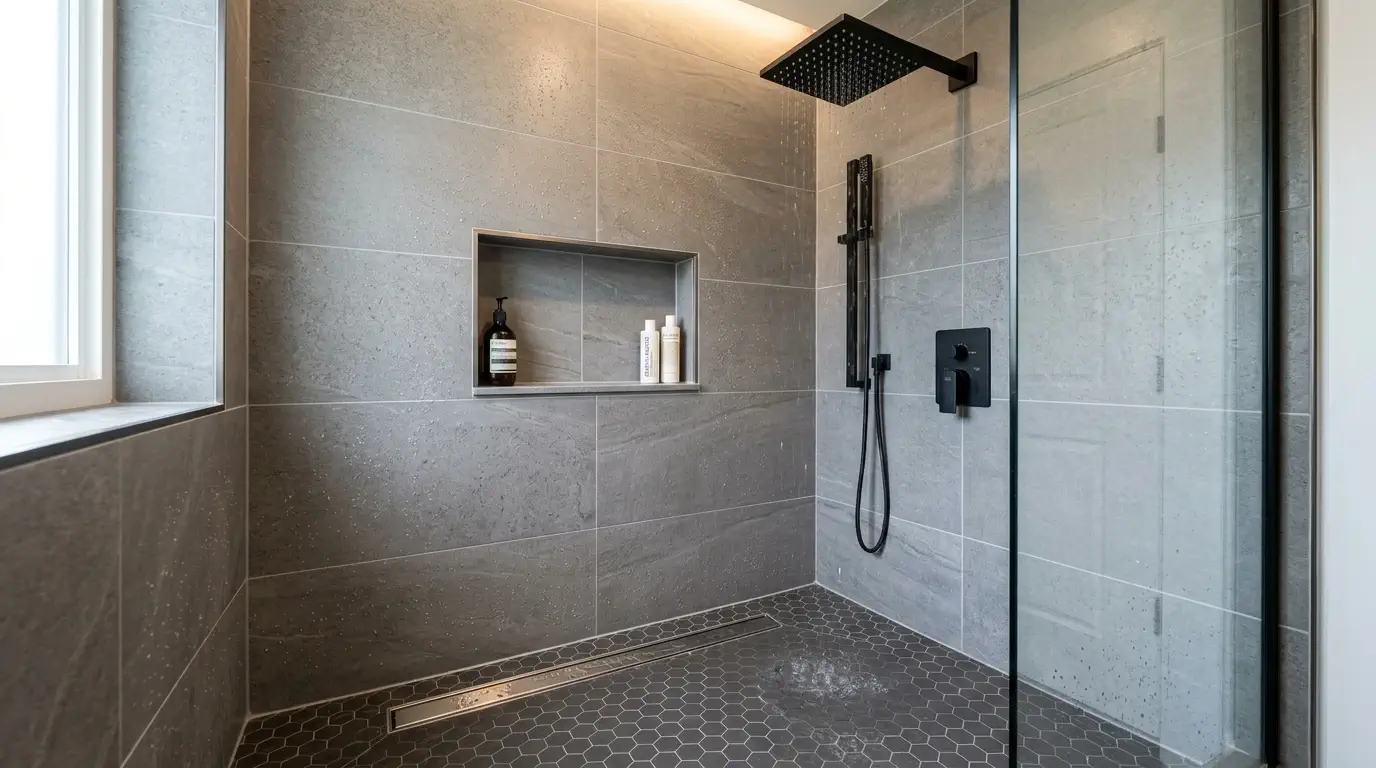 Shower remodel in Westbury, Houston with large-format tile and frameless glass
